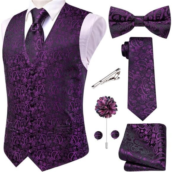 Men's Silk Vest Bowtie Set Formal Suit Vest Jacquard Tie Handkerchief - Picture 1 of 5